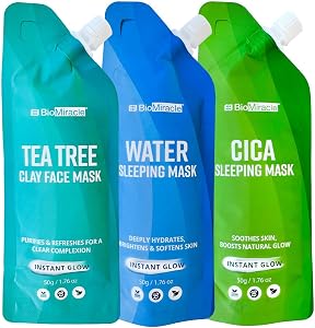 BioMiracle Face Mask Variety Pack - 3-in-1 Set with Cica Masks, Water Sleeping and Tea Tre